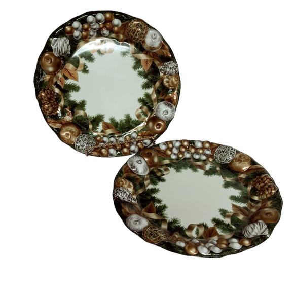 Vintage Green Gold Christmas Serving Trays Platters Decor Set of 2 Plastic 11" - Picture 3 of 11
